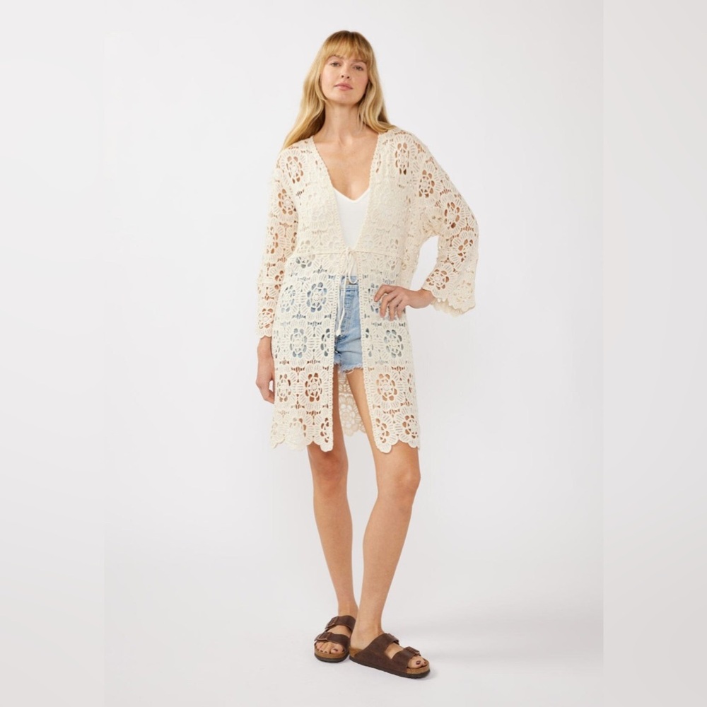 LOVESTICH Boho Crochet Cream midi cover up Cardigan 100% Cotton size Large